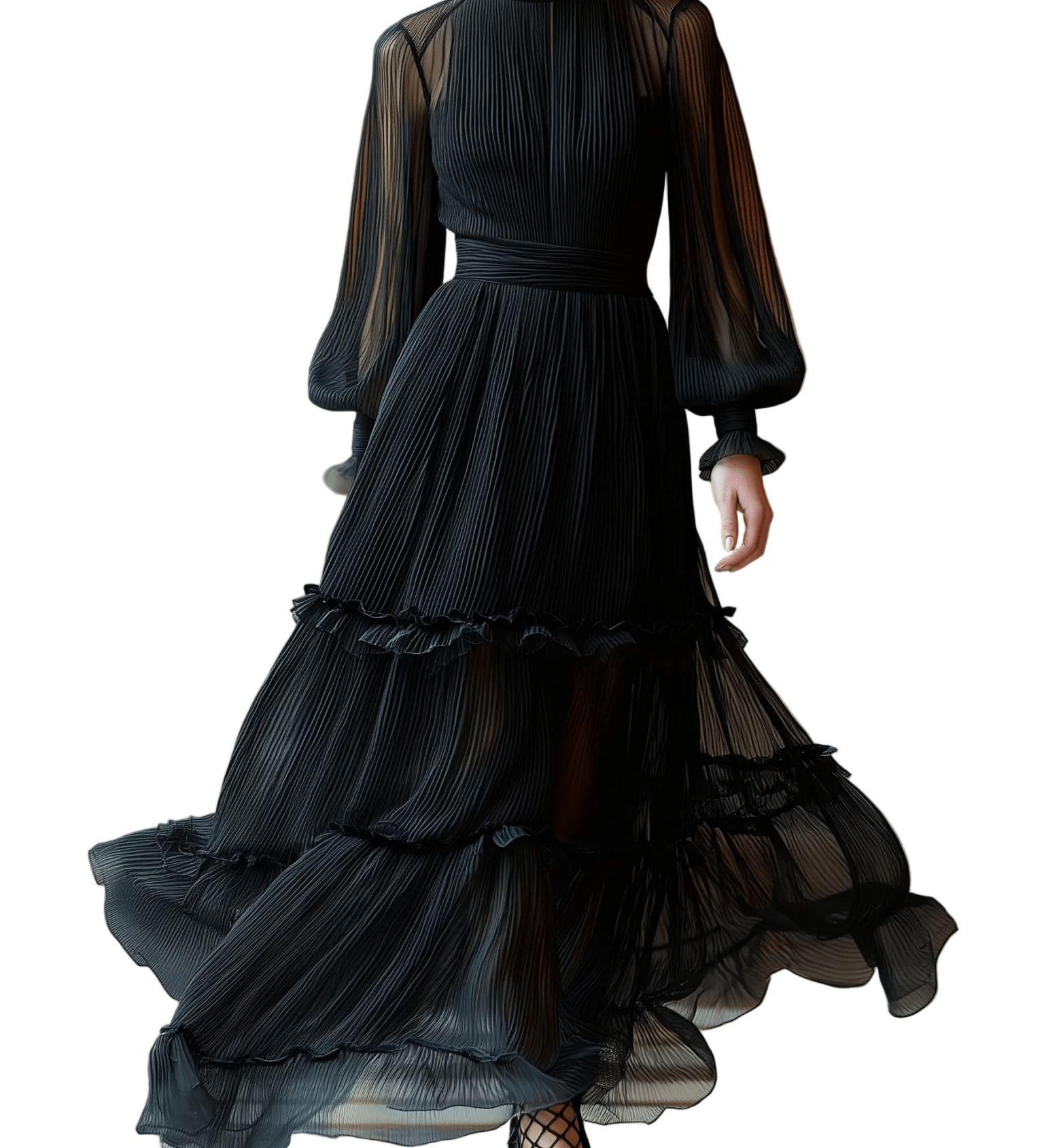 VESTIDO LARGO NEGRO DE GASA PLISADA CON VOLANTES - VALERINA MARBELLA