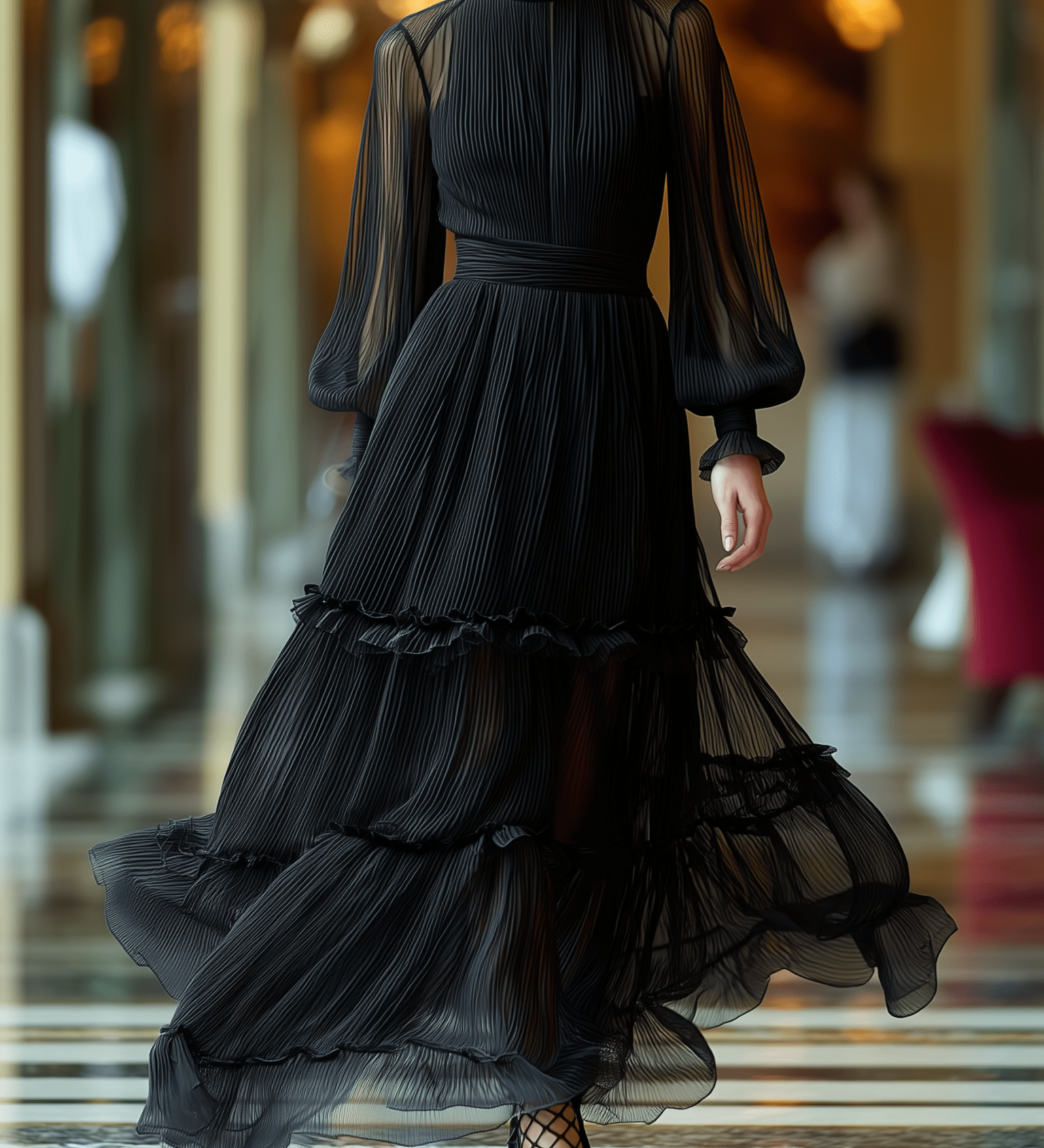 VESTIDO LARGO NEGRO DE GASA PLISADA CON VOLANTES - VALERINA MARBELLA