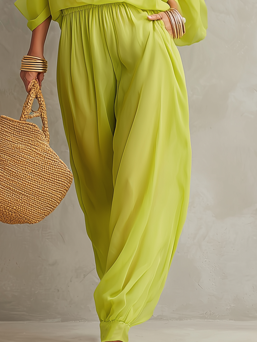 Vibrant Lime Green Halter Cold-Shoulder Sheer Trouser Co-ord Set