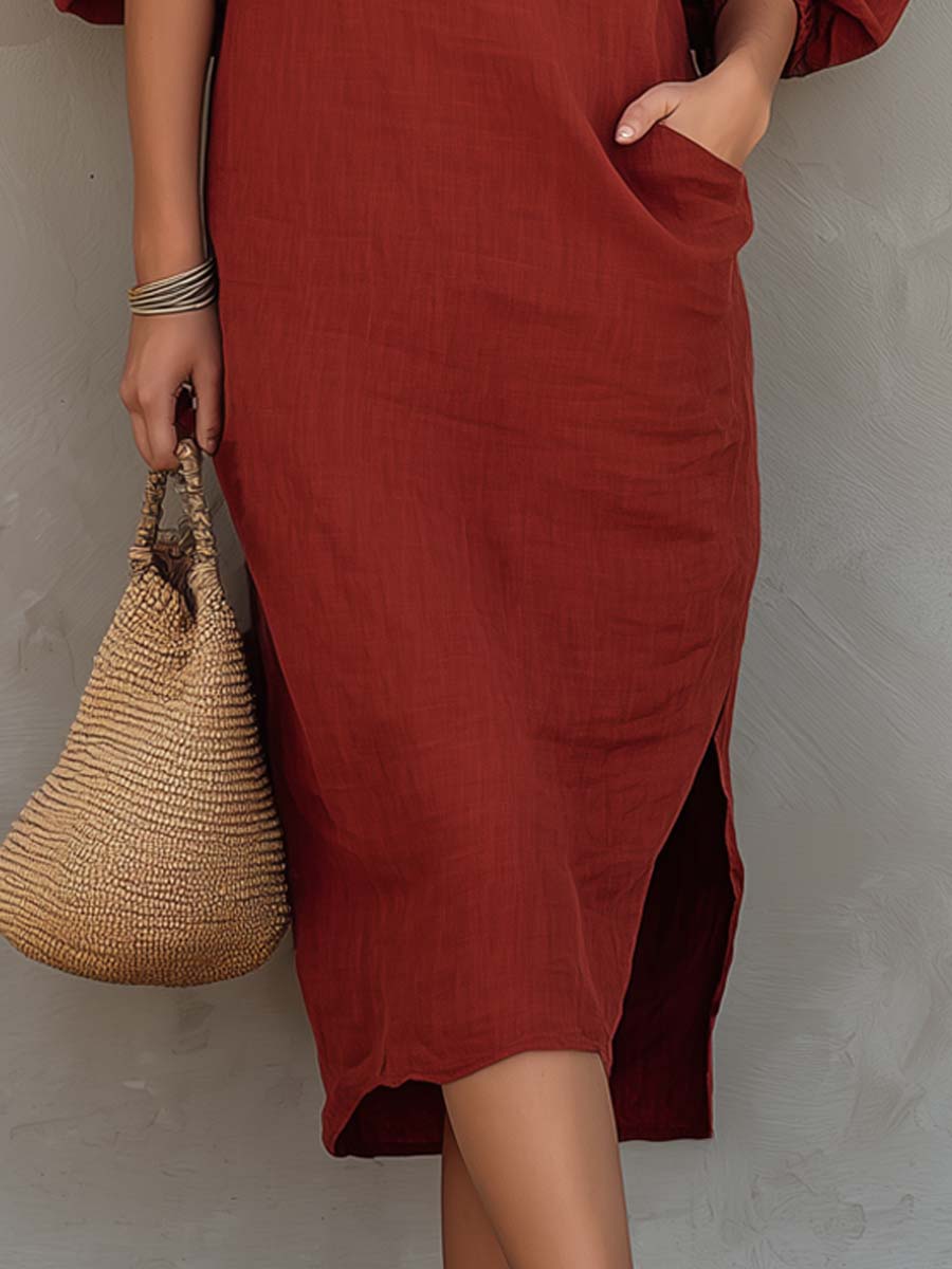 VESTIDO MIDI DE ALGODÓN Y LINO CON MANGAS FAROL - VALERINA MARBELLA