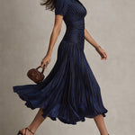 Retro Striped Satin Pleated Bodycon Midi Dress