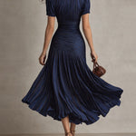 Retro Striped Satin Pleated Bodycon Midi Dress