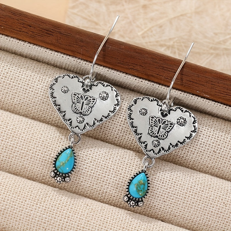 PENDIENTES ARTISANAL PLATA BOHEMIO TURQUESA CORAZÓN MARIPOSA