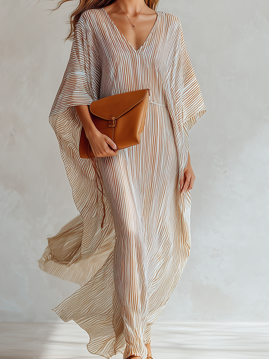 Striped Batwing Sleeve Kaftan Maxi Dress In Beige And Brown