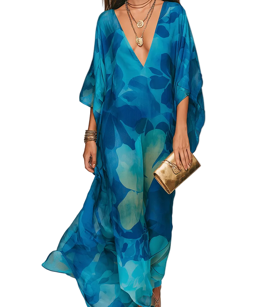 Elegant Blue Printed Flowing Long Dress