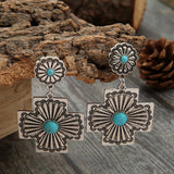 PENDIENTES RÉTRO FLORAL DESIGN TURQUESA CRUZ SCULPTÉ MÉTAL