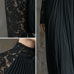 VESTIDO LARGO NEGRO PLISADO CON MANGAS DE ENCAJE - VALERINA MARBELLA