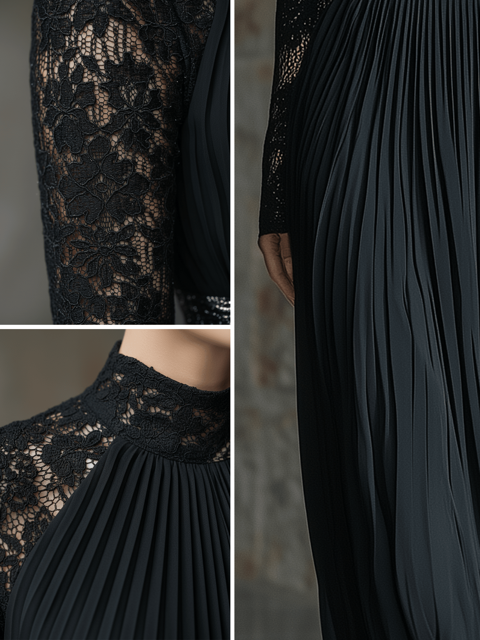 VESTIDO LARGO NEGRO PLISADO CON MANGAS DE ENCAJE - VALERINA MARBELLA