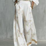 Bohemian Luxe Butterfly Jacquard Blouse & Wide-Leg Pants Set