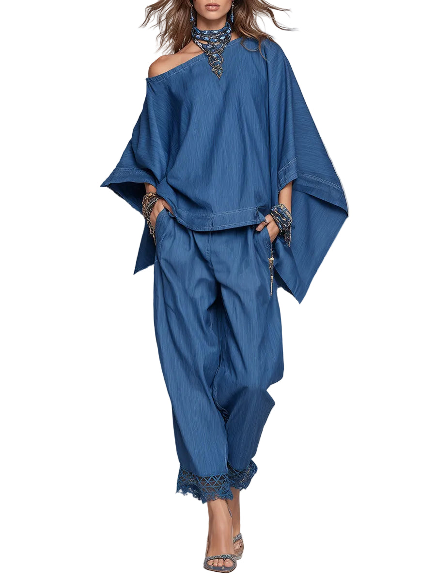 Off-shoulder Tencel Denim Batwing Sleeve Top & Tapered Trousers Set