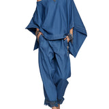 Off-shoulder Tencel Denim Batwing Sleeve Top & Tapered Trousers Set