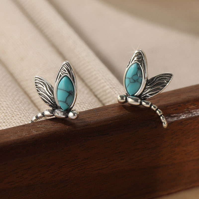 PENDIENTES VINTAGE TURQUESA LIBÉLULA PLATA PLAQUÉ CLOU OREILLE