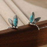 PENDIENTES VINTAGE TURQUESA LIBÉLULA PLATA PLAQUÉ CLOU OREILLE