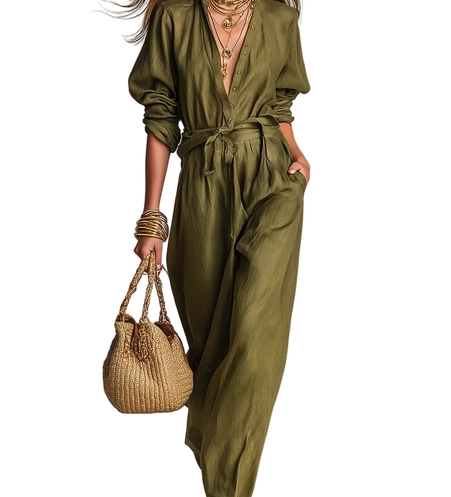 Sophisticated Olive Green Linen Jumpsuit