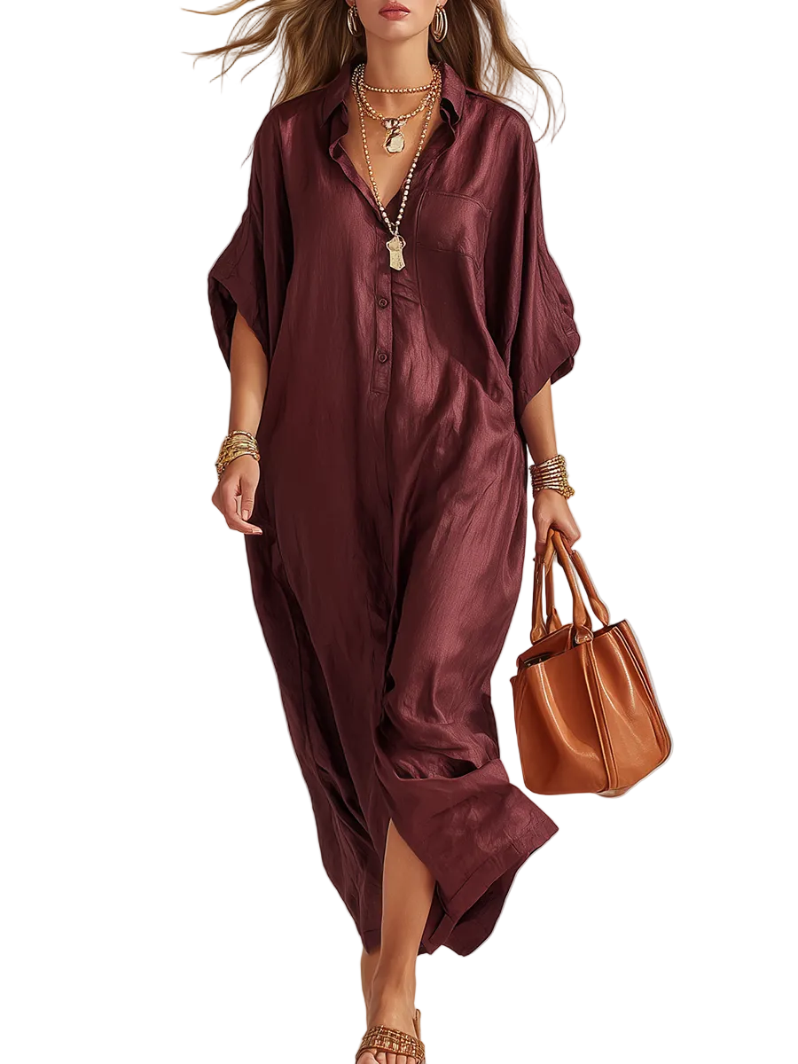 Burgundy Satin Loose-fitting Shirt Dress
