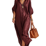 Burgundy Satin Loose-fitting Shirt Dress