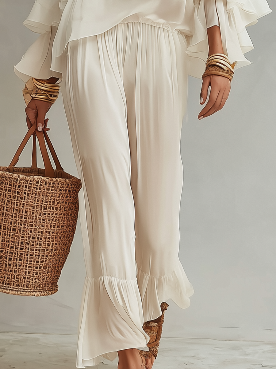 Relaxed Off-Shoulder Ruffle Top & Soft Pants Set
