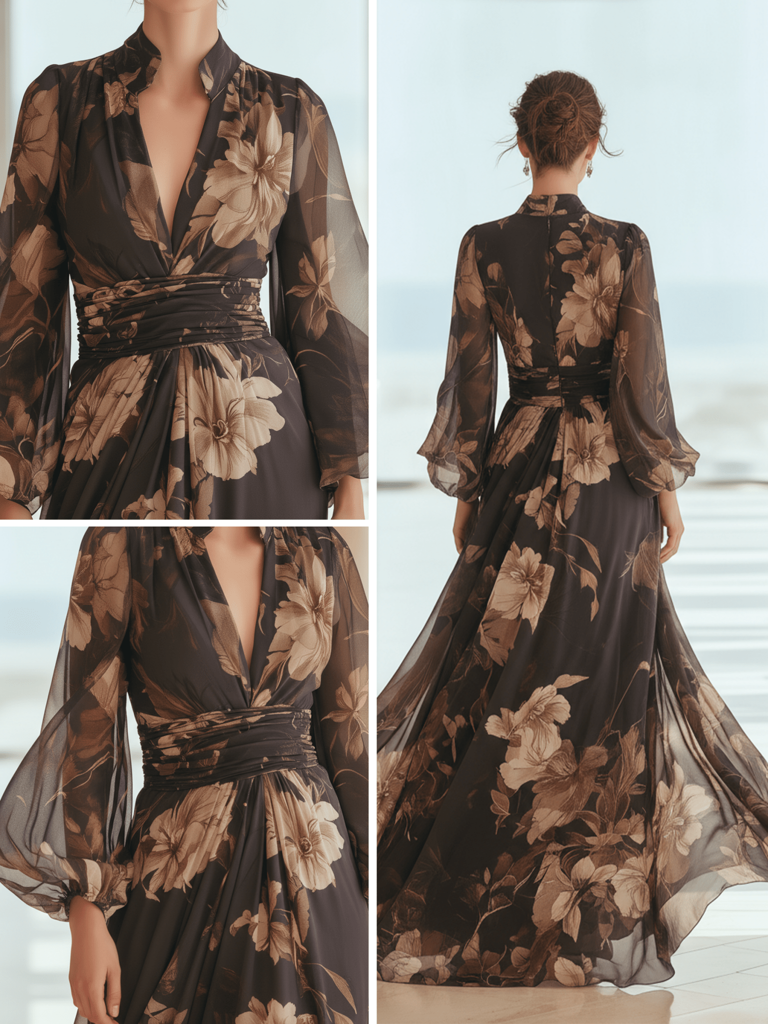 VESTIDO LARGO DE GASA FLORAL MARRÓN - VALERINA MARBELLA