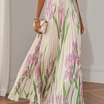 White Pleated Floral Chiffon Square Neck Sleeveless A-Line Maxi Dress