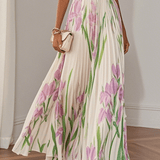 White Pleated Floral Chiffon Square Neck Sleeveless A-Line Maxi Dress
