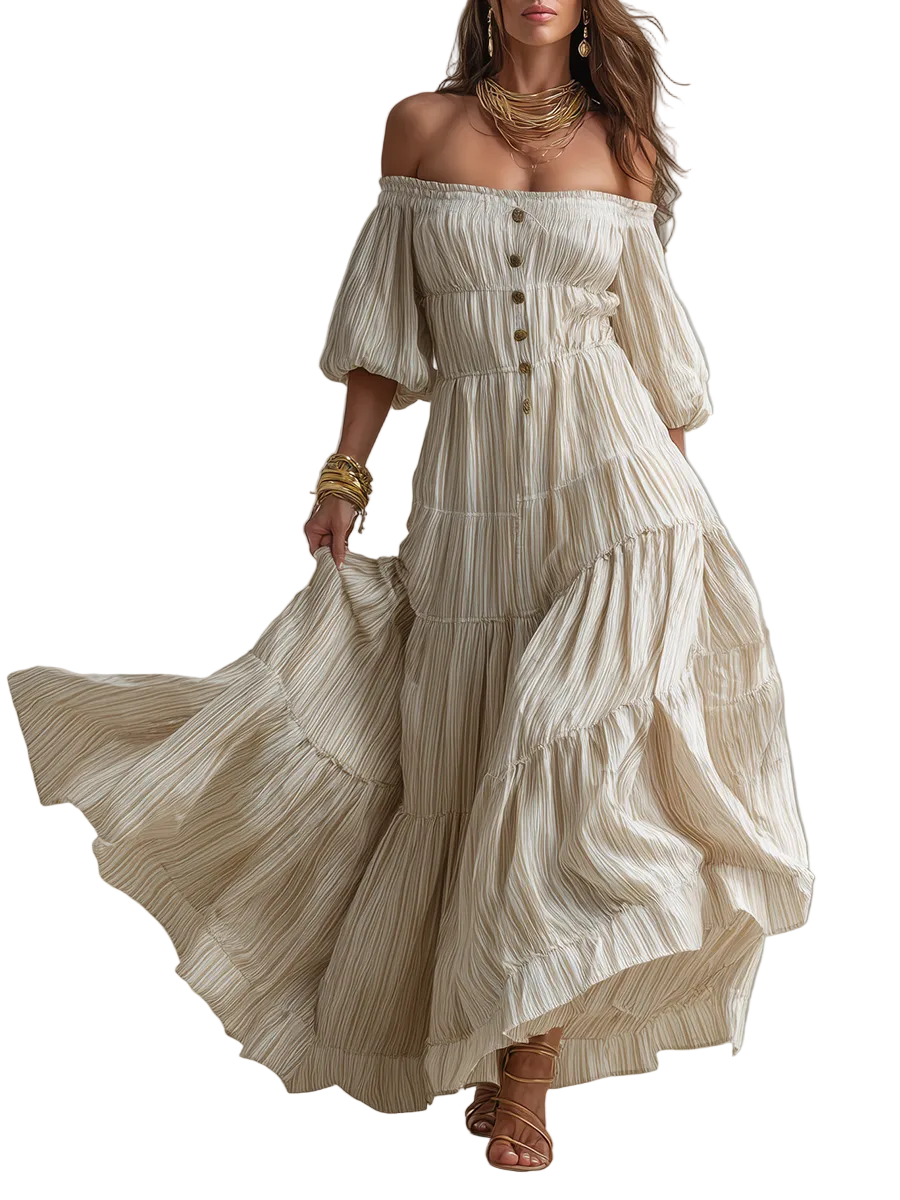 Romantic Off-Shoulder Tiered Bohemian Maxi Dress