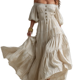 Romantic Off-Shoulder Tiered Bohemian Maxi Dress