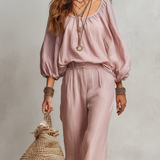 Bohemian Style Light Pink Lantern Sleeve Wide Leg Pants Set