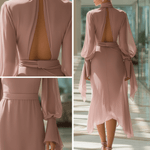 VESTIDO LARGO DE GASA ROSA EMPOLVADO CON PUÑOS DE LAZO - VALERINA MARBELLA