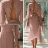 VESTIDO LARGO DE GASA ROSA EMPOLVADO CON PUÑOS DE LAZO - VALERINA MARBELLA