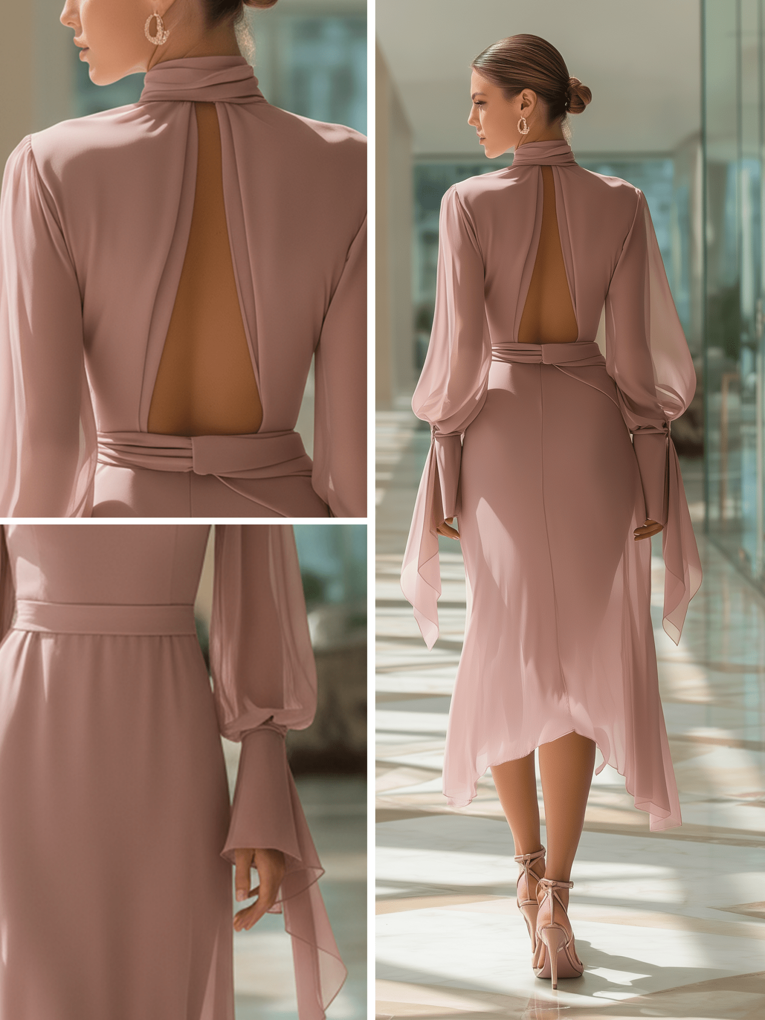 VESTIDO LARGO DE GASA ROSA EMPOLVADO CON PUÑOS DE LAZO - VALERINA MARBELLA