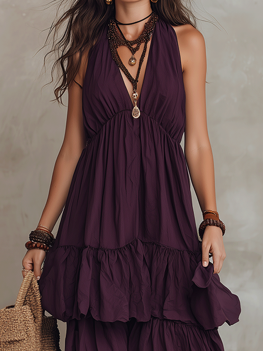 Bohemian Quiet Luxe Plum Flow Tiered Maxi Dress