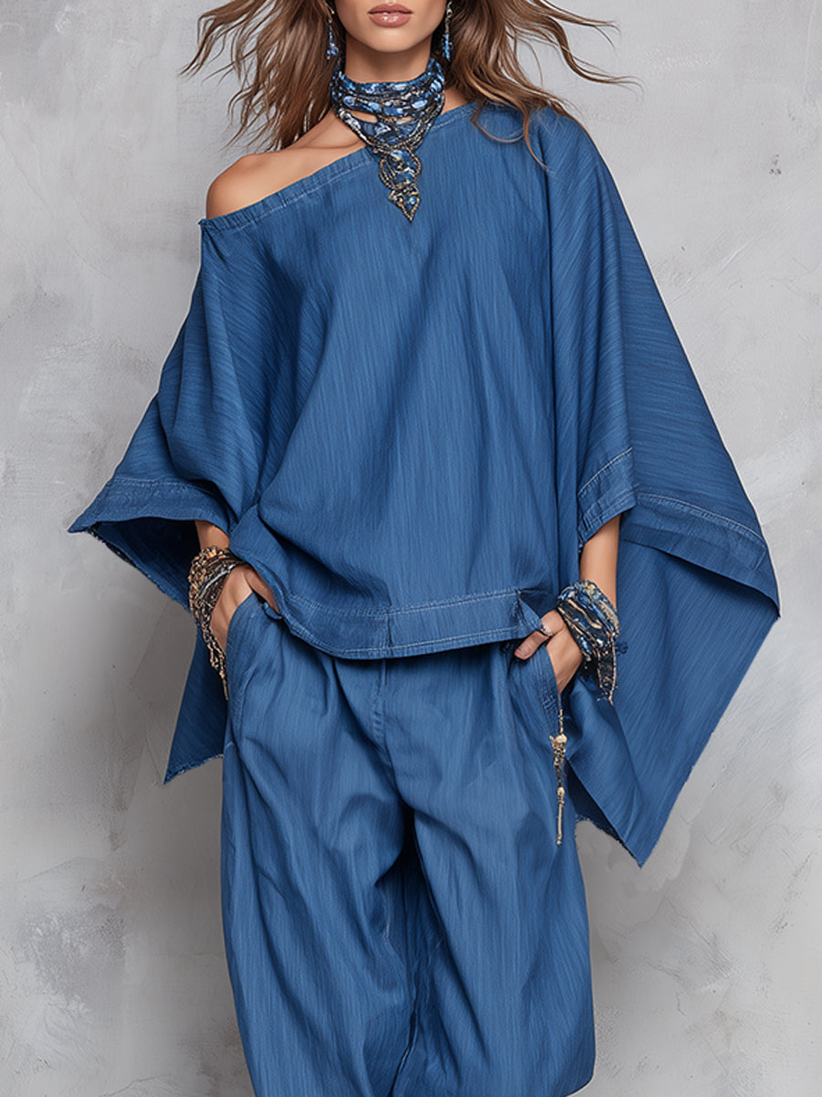 Off-shoulder Tencel Denim Batwing Sleeve Top & Tapered Trousers Set