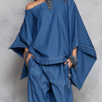Off-shoulder Tencel Denim Batwing Sleeve Top & Tapered Trousers Set