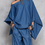 Off-shoulder Tencel Denim Batwing Sleeve Top & Tapered Trousers Set