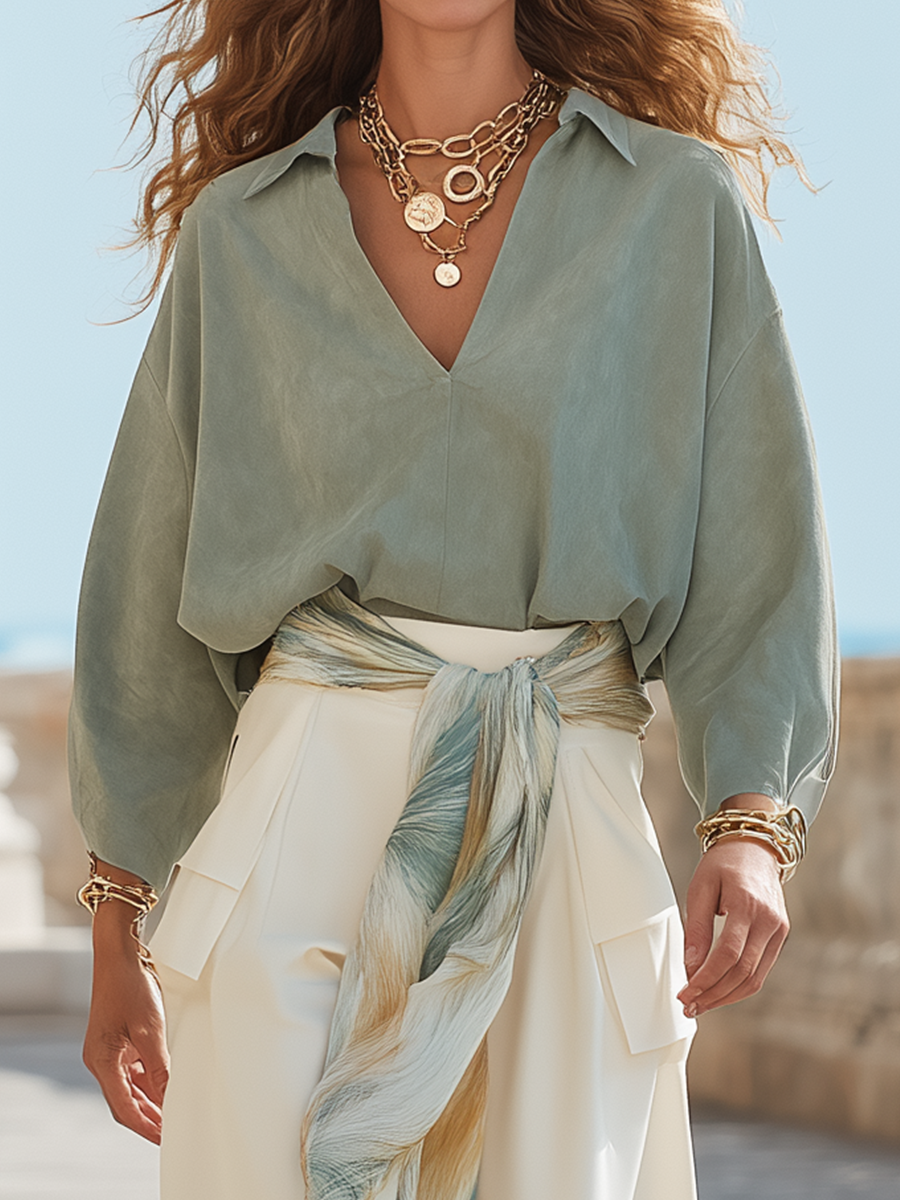 Breezy Sage Green Off-the-Shoulder Balloon Sleeve & Cream Harem Trouser Co-ord Set