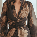 VESTIDO LARGO DE GASA FLORAL MARRÓN - VALERINA MARBELLA