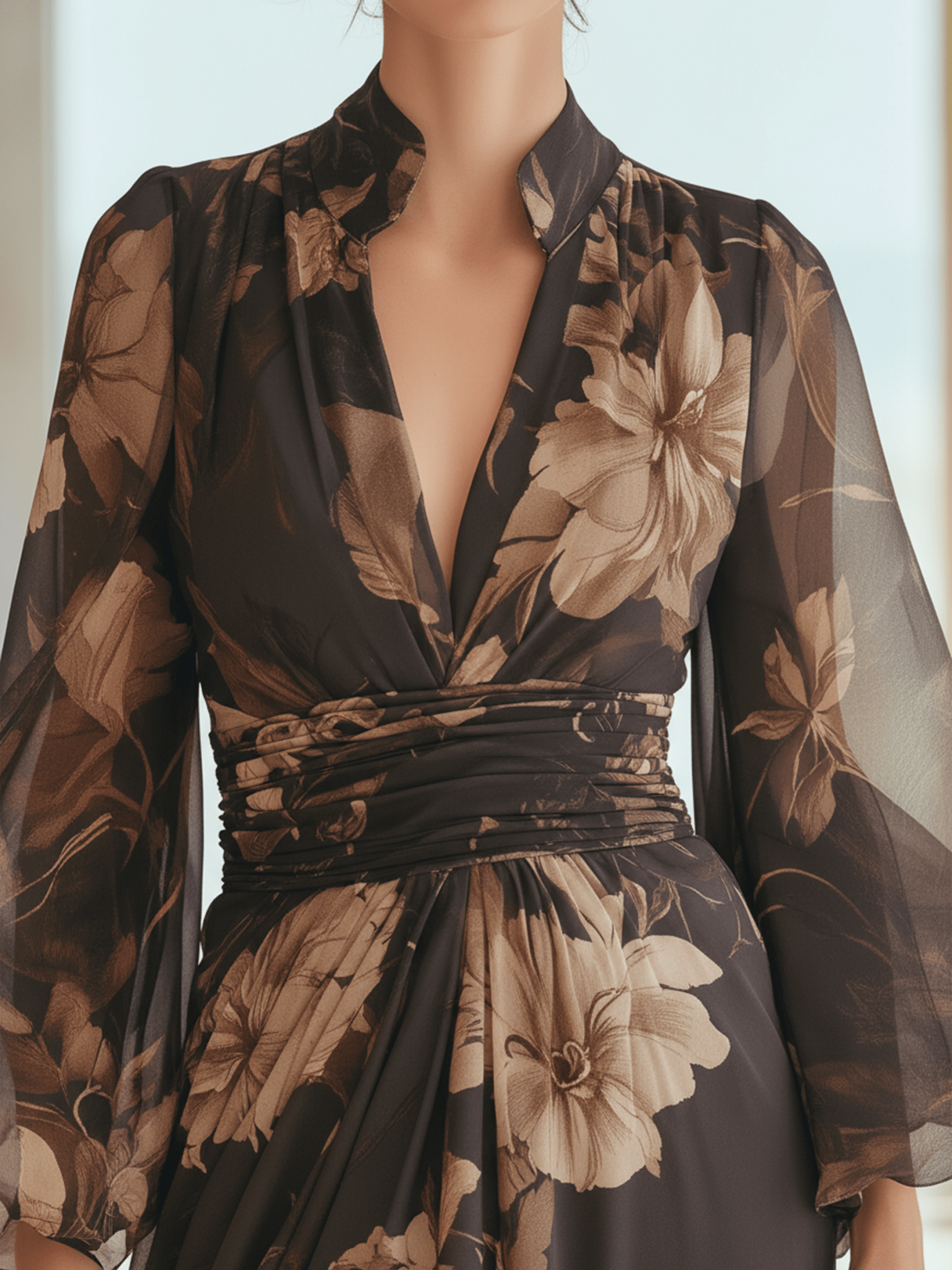 VESTIDO LARGO DE GASA FLORAL MARRÓN - VALERINA MARBELLA