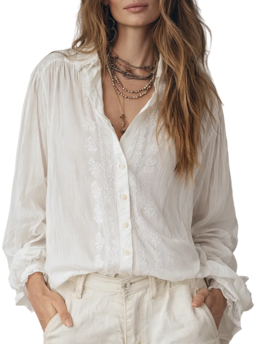 Classic Bohemian-style Embroidered White Shirt