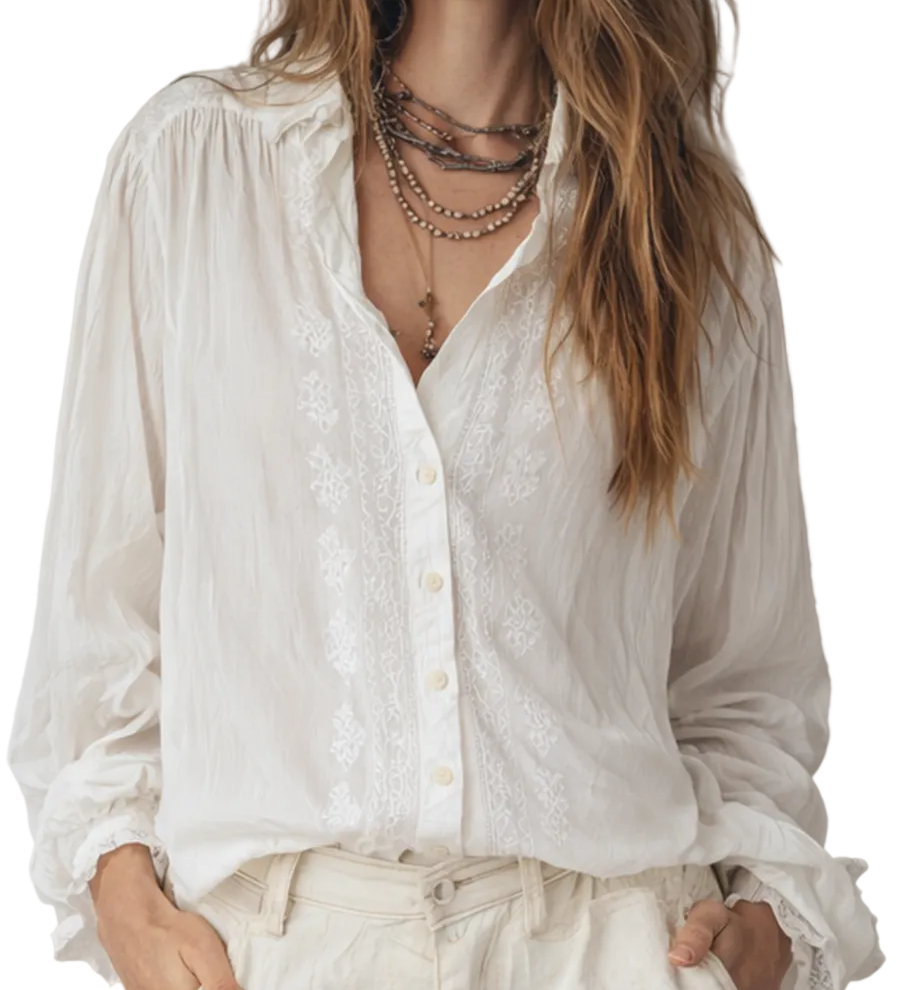 Classic Bohemian-style Embroidered White Shirt