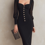 VESTIDO MIDI NEGRO ENTALLADO CON ESCOTE CUADRADO - VALERINA MARBELLA