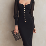 VESTIDO MIDI NEGRO ENTALLADO CON ESCOTE CUADRADO - VALERINA MARBELLA