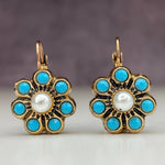 PENDIENTES VINTAGE STYLE TURQUESA Y PERLES FLOR