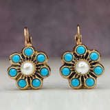 PENDIENTES VINTAGE STYLE TURQUESA Y PERLES FLOR