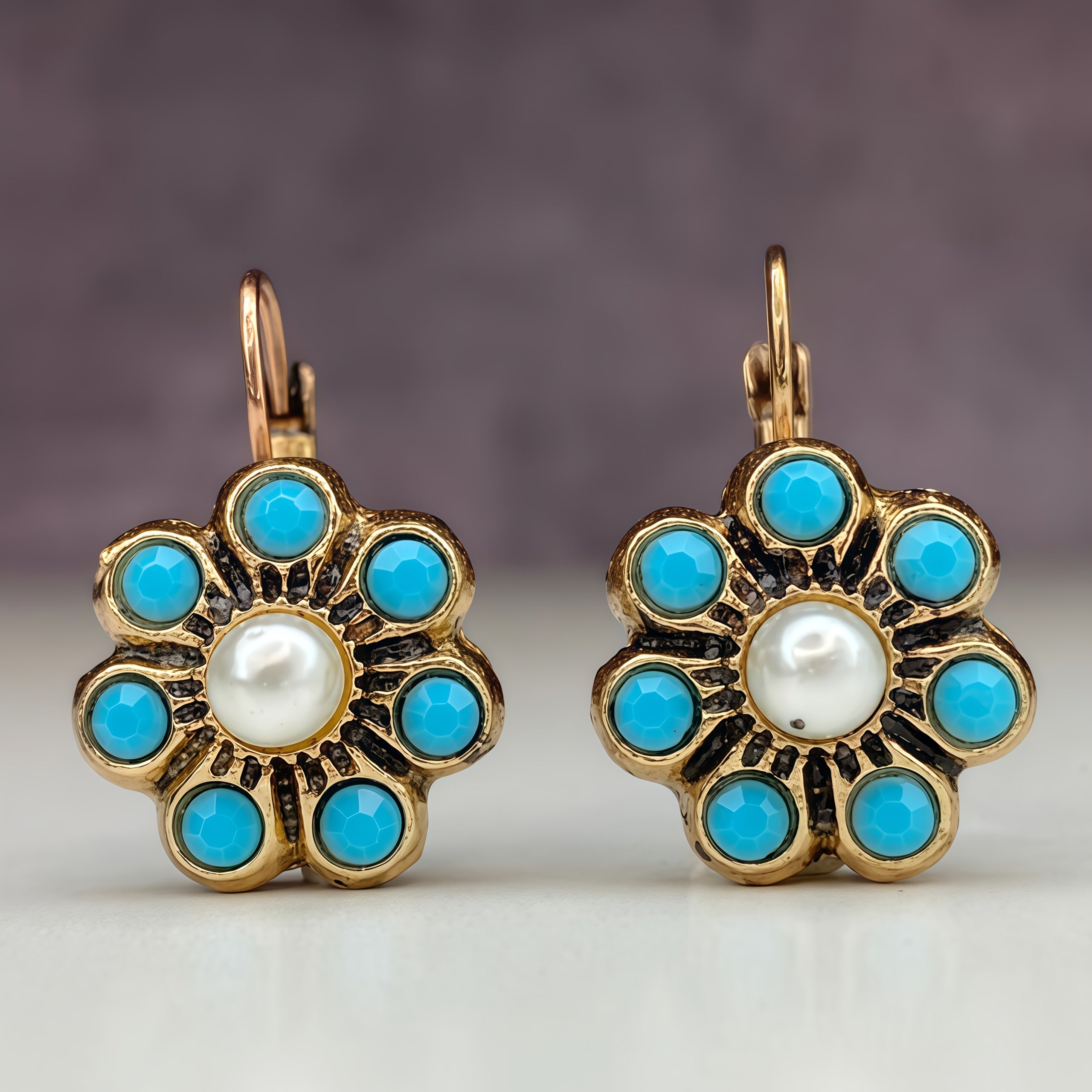 PENDIENTES VINTAGE STYLE TURQUESA Y PERLES FLOR