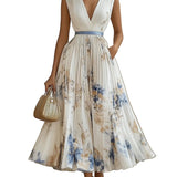 VESTIDO MIDI BLANCO FLORAL DE CORTE A SIN MANGAS