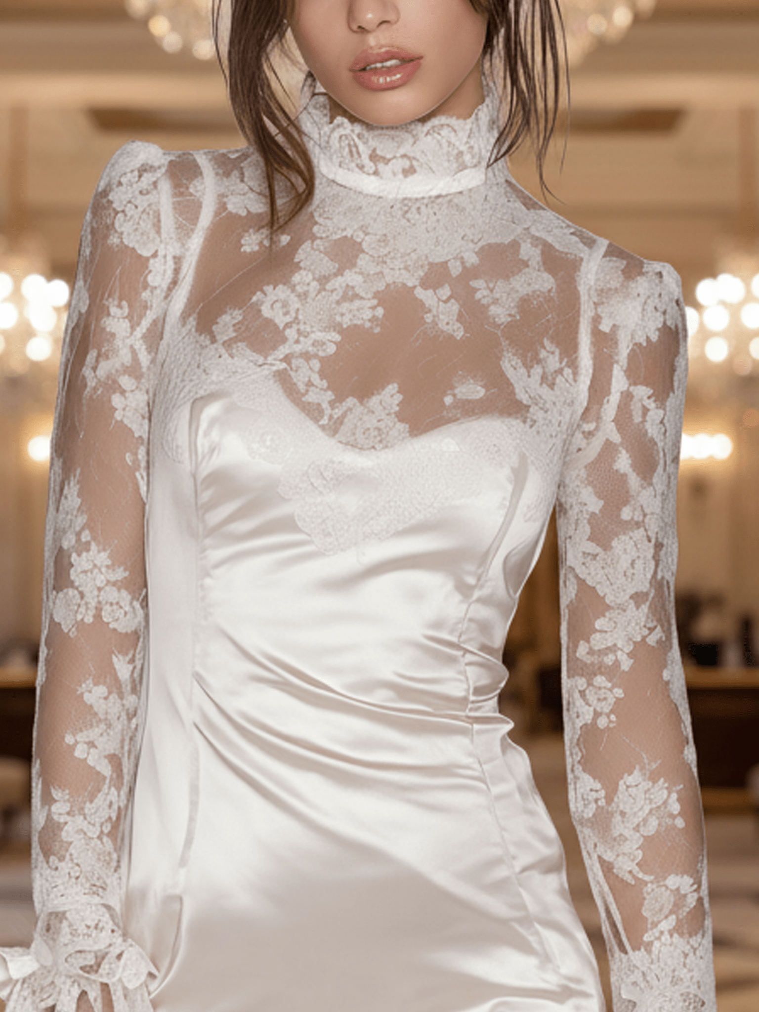 VESTIDO CORTO BLANCO DE SATÉN Y ENCAJE CON MANGA LARGA - VALERINA MARBELLA