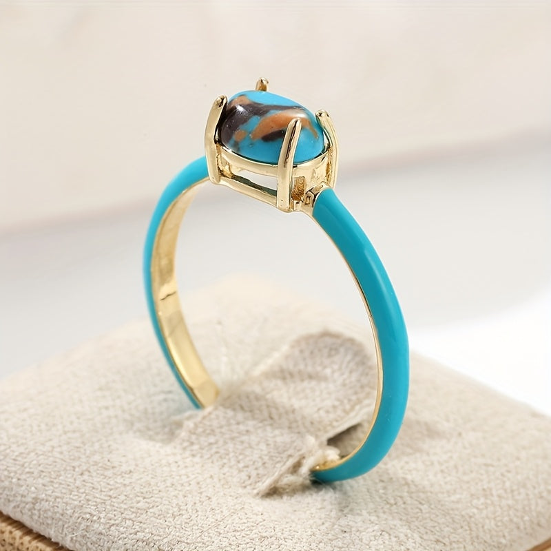 ANILLO VINTAGE ÉMAILLÉ GÉOMÉTRIQUE ÓVALO TURQUESA PLAQUÉ ORO