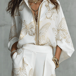 Bohemian Luxe Butterfly Jacquard Blouse & Wide-Leg Pants Set