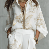 Bohemian Luxe Butterfly Jacquard Blouse & Wide-Leg Pants Set