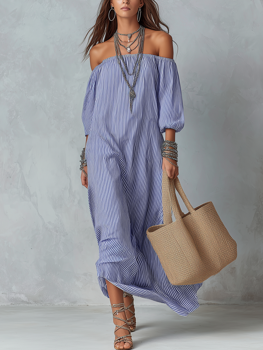 Blue And White Striped Off-the-shoulder Loose-fitting Resort Dress